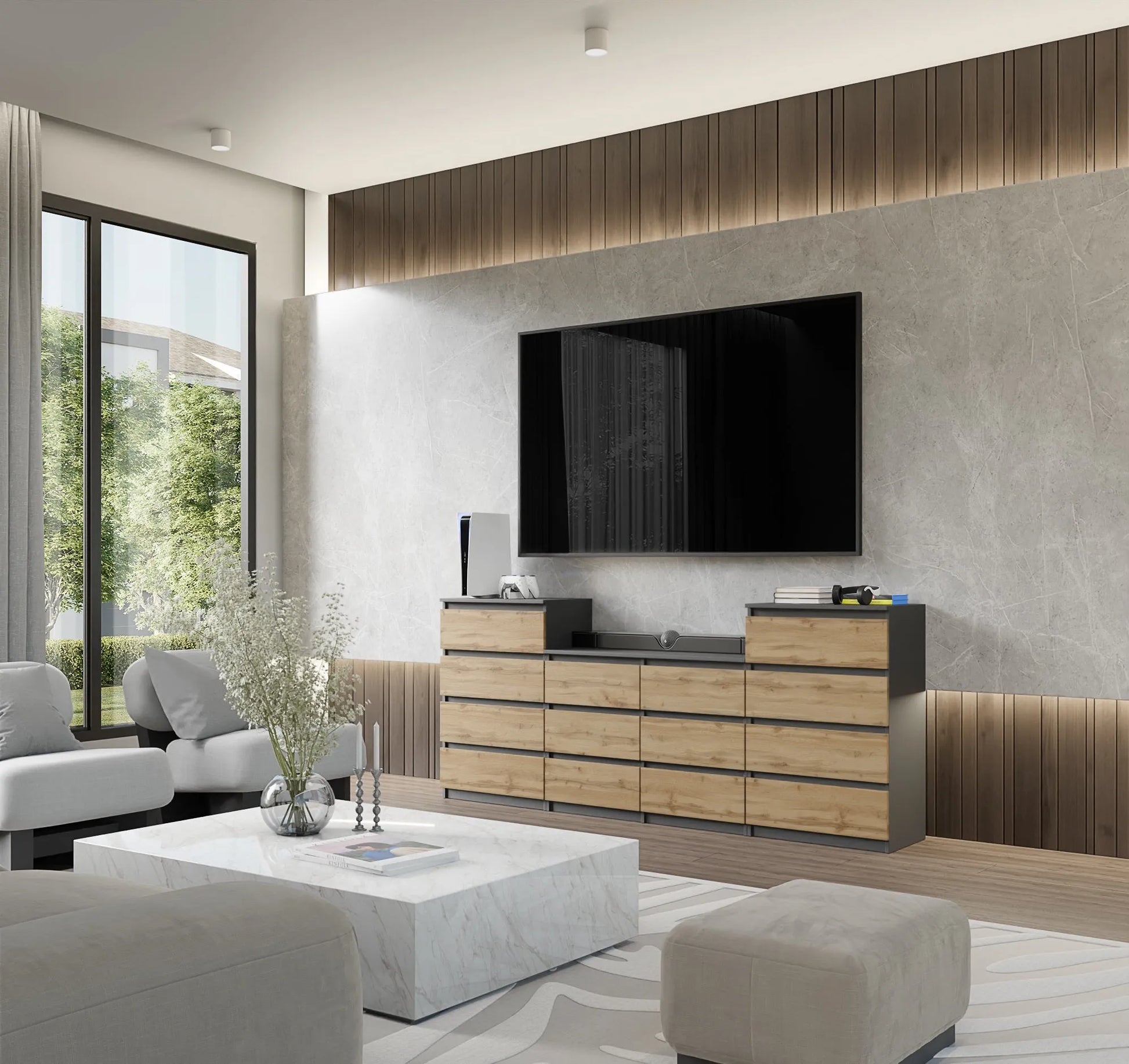 GABRIEL - Kommode / Sideboard mit 14 Schubladen (4+6+4) -  Anthrazit Grau / Wotan Eiche H92/70cm B220cm T33cm – Furnica