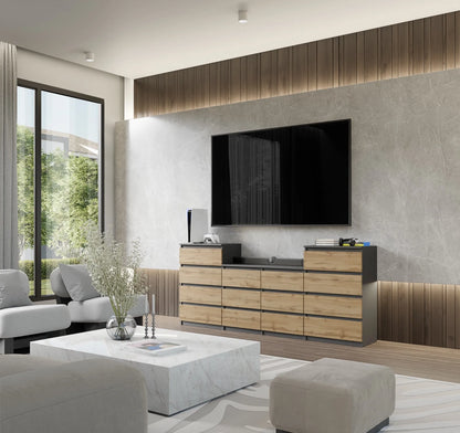 GABRIEL - Kommode / Sideboard mit 14 Schubladen (4+6+4) -  Anthrazit Grau / Wotan Eiche H92/70cm B220cm T33cm – Furnica
