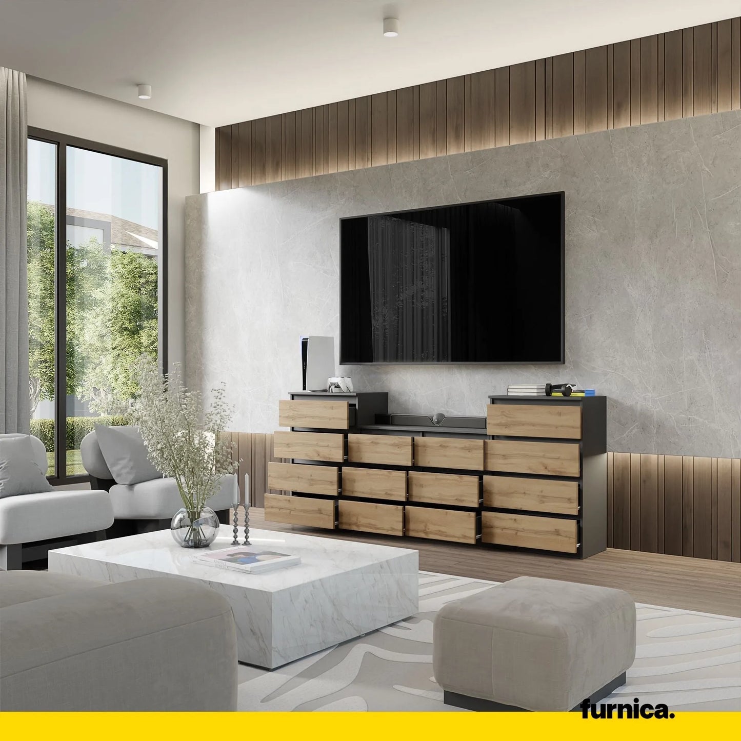 GABRIEL - Kommode / Sideboard mit 14 Schubladen (4+6+4) -  Anthrazit Grau / Wotan Eiche H92/70cm B220cm T33cm – Furnica