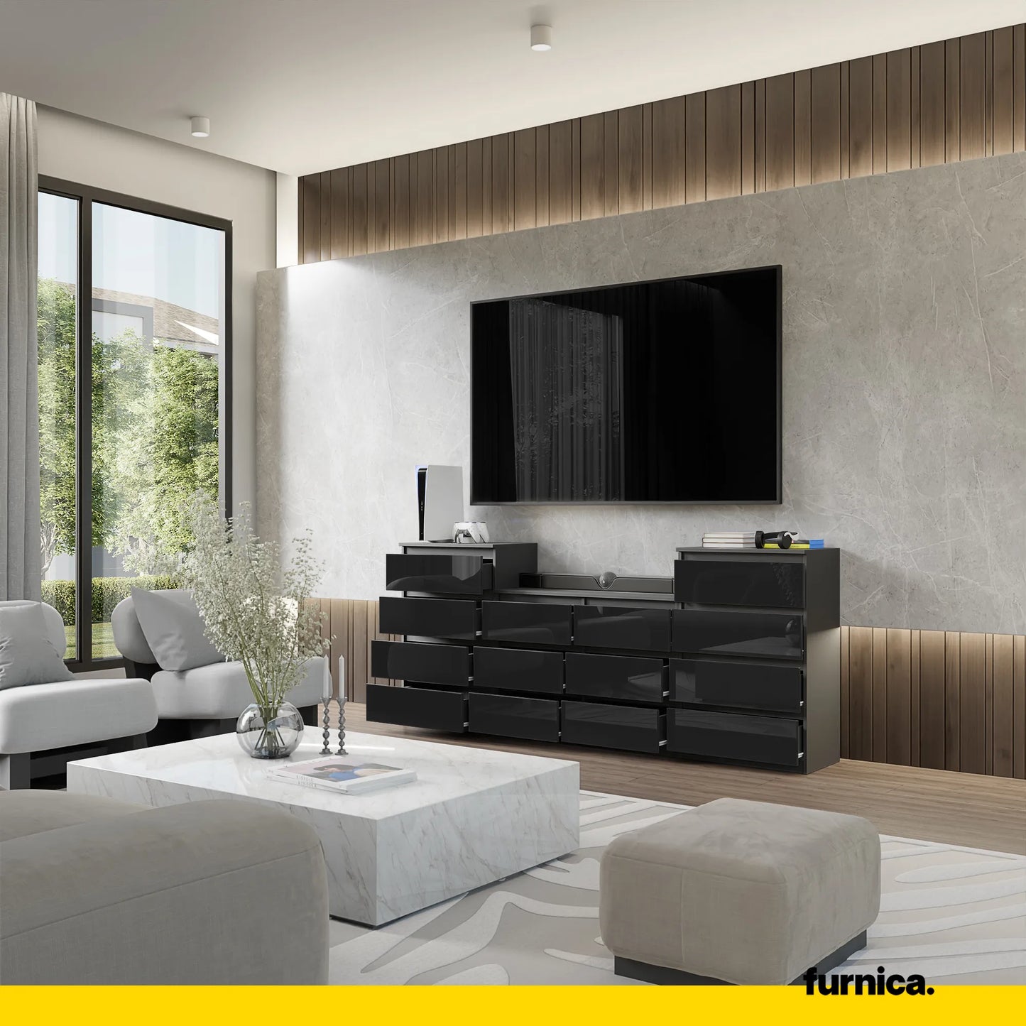 GABRIEL - Kommode / Sideboard mit 14 Schubladen (4+6+4) - Anthrazit / Schwarz Gloss H92/70cm B220cm T33cm – Furnica
