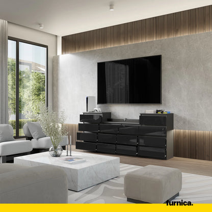GABRIEL - Kommode / Sideboard mit 14 Schubladen (4+6+4) - Anthrazit / Schwarz Gloss H92/70cm B220cm T33cm – Furnica