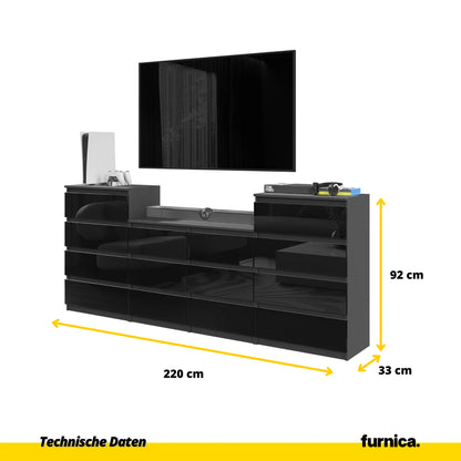 GABRIEL - Kommode / Sideboard mit 14 Schubladen (4+6+4) - Anthrazit / Schwarz Gloss H92/70cm B220cm T33cm – Furnica