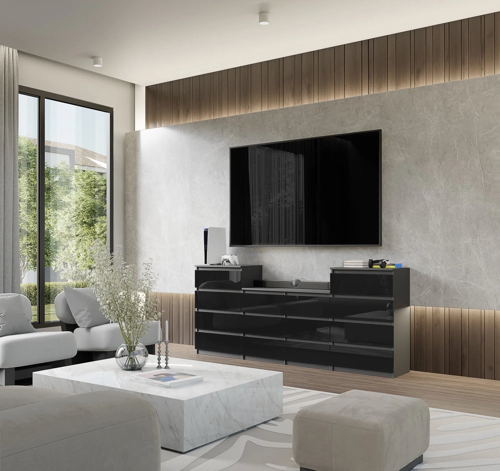GABRIEL - Kommode / Sideboard mit 14 Schubladen (4+6+4) - Anthrazit / Schwarz Gloss H92/70cm B220cm T33cm – Furnica