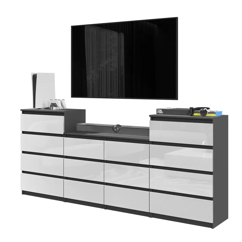 GABRIEL - Kommode / Sideboard mit 14 Schubladen (4+6+4) - Anthrazit / Weiß Gloss H92/70cm B220cm T33cm – Furnica