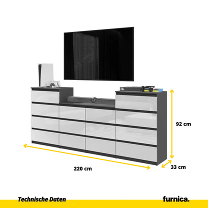 GABRIEL - Kommode / Sideboard mit 14 Schubladen (4+6+4) - Anthrazit / Weiß Gloss H92/70cm B220cm T33cm – Furnica