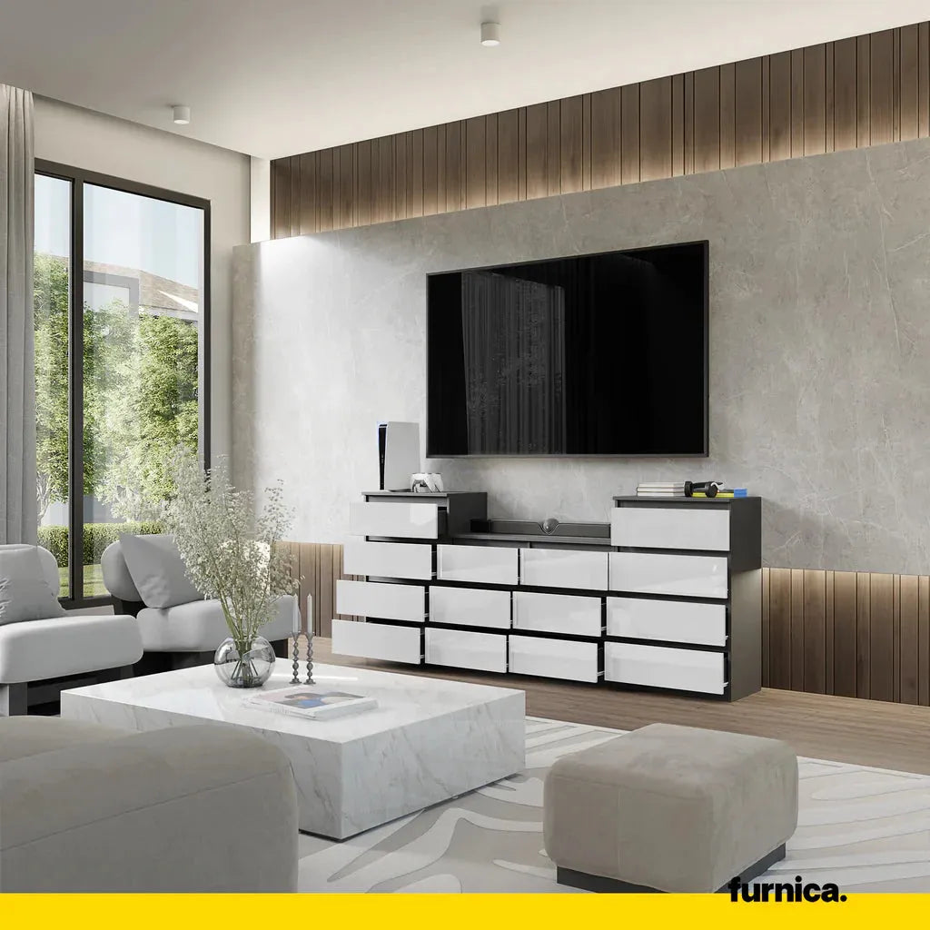 GABRIEL - Kommode / Sideboard mit 14 Schubladen (4+6+4) - Anthrazit / Weiß Gloss H92/70cm B220cm T33cm – Furnica