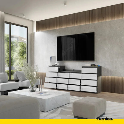 GABRIEL - Kommode / Sideboard mit 14 Schubladen (4+6+4) - Anthrazit / Weiß Gloss H92/70cm B220cm T33cm – Furnica