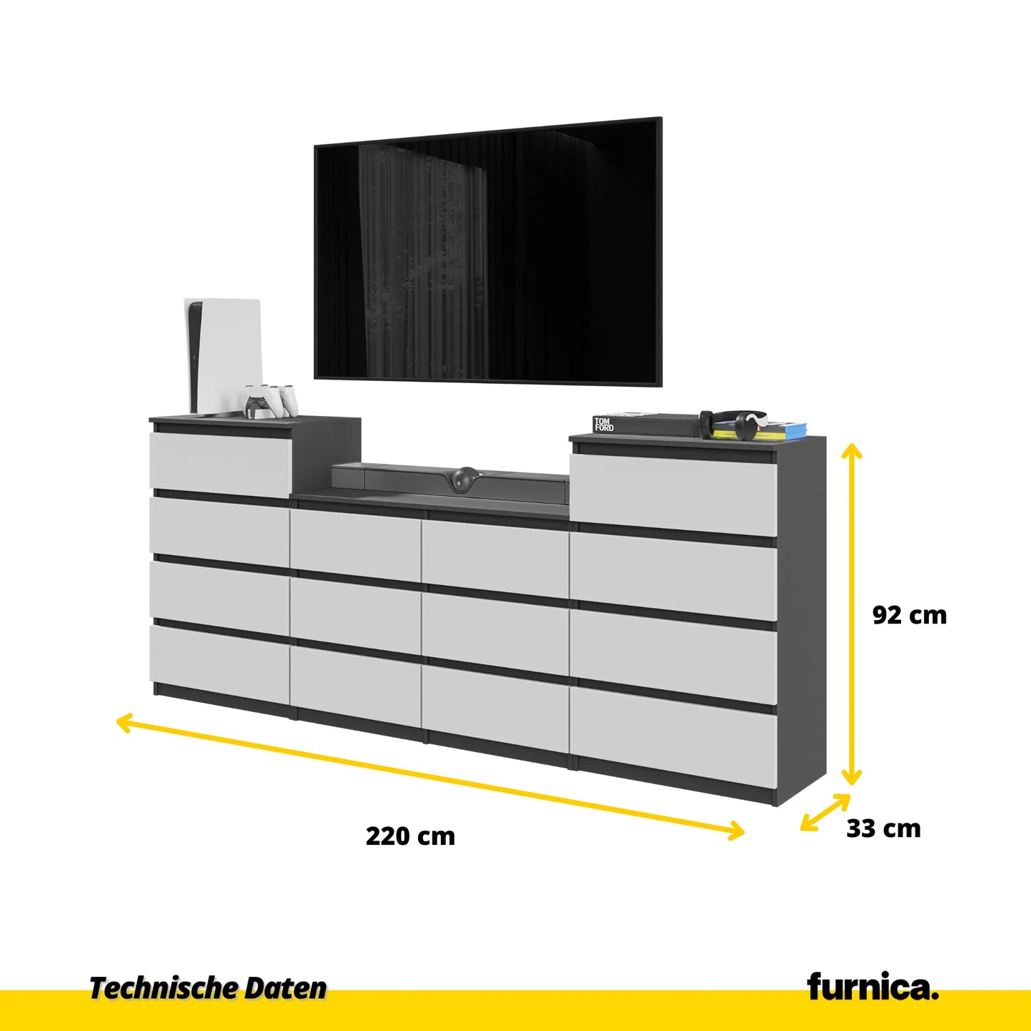 GABRIEL - Kommode / Sideboard mit 14 Schubladen (4+6+4) - Anthrazit / Weiß Matt H92/70cm B220cm T33cm – Furnica