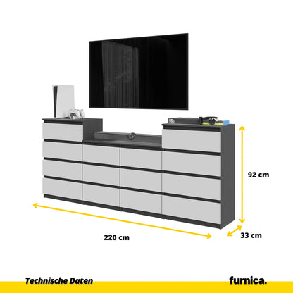 GABRIEL - Kommode / Sideboard mit 14 Schubladen (4+6+4) - Anthrazit / Weiß Matt H92/70cm B220cm T33cm – Furnica