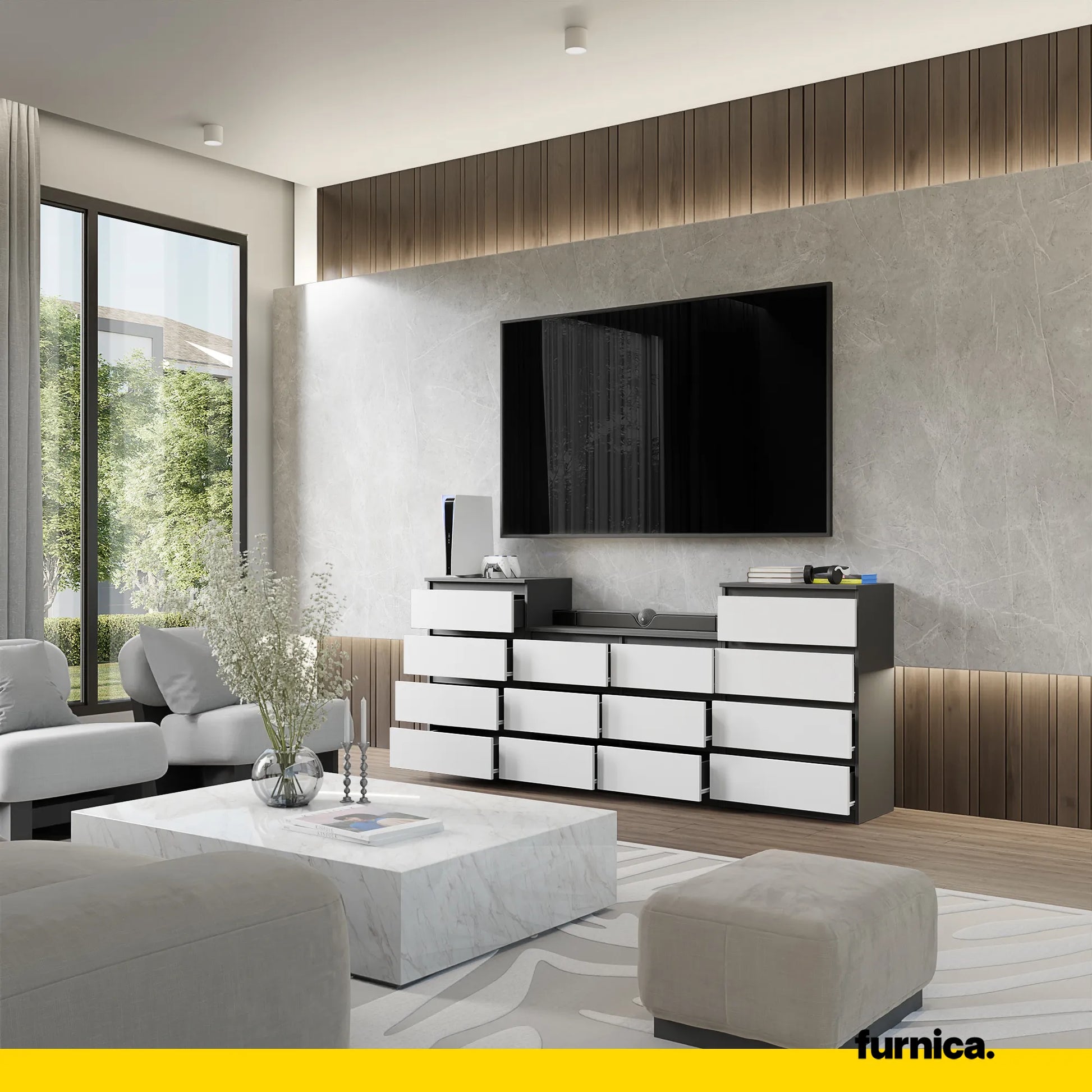 GABRIEL - Kommode / Sideboard mit 14 Schubladen (4+6+4) - Anthrazit / Weiß Matt H92/70cm B220cm T33cm – Furnica