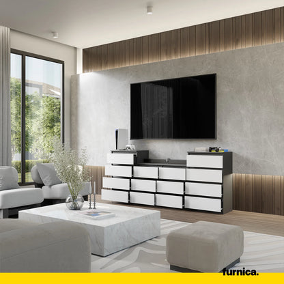 GABRIEL - Kommode / Sideboard mit 14 Schubladen (4+6+4) - Anthrazit / Weiß Matt H92/70cm B220cm T33cm – Furnica