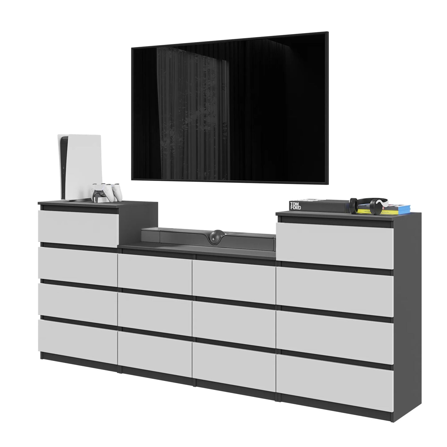 GABRIEL - Kommode / Sideboard mit 14 Schubladen (4+6+4) - Anthrazit / Weiß Matt H92/70cm B220cm T33cm – Furnica
