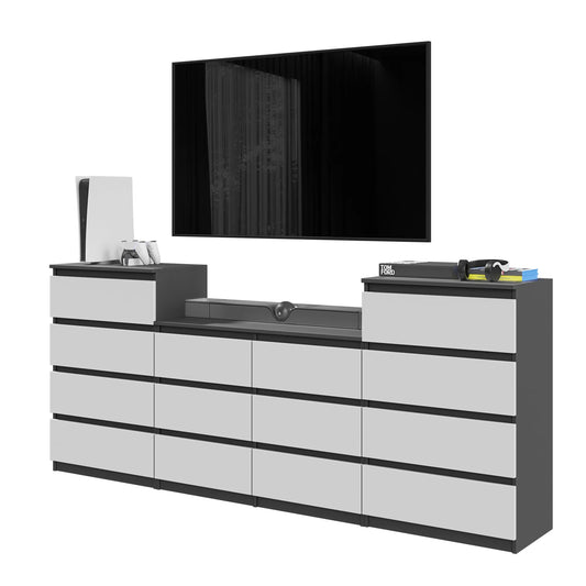 GABRIEL - Kommode / Sideboard mit 14 Schubladen (4+6+4) - Anthrazit / Weiß Matt H92/70cm B220cm T33cm – Furnica
