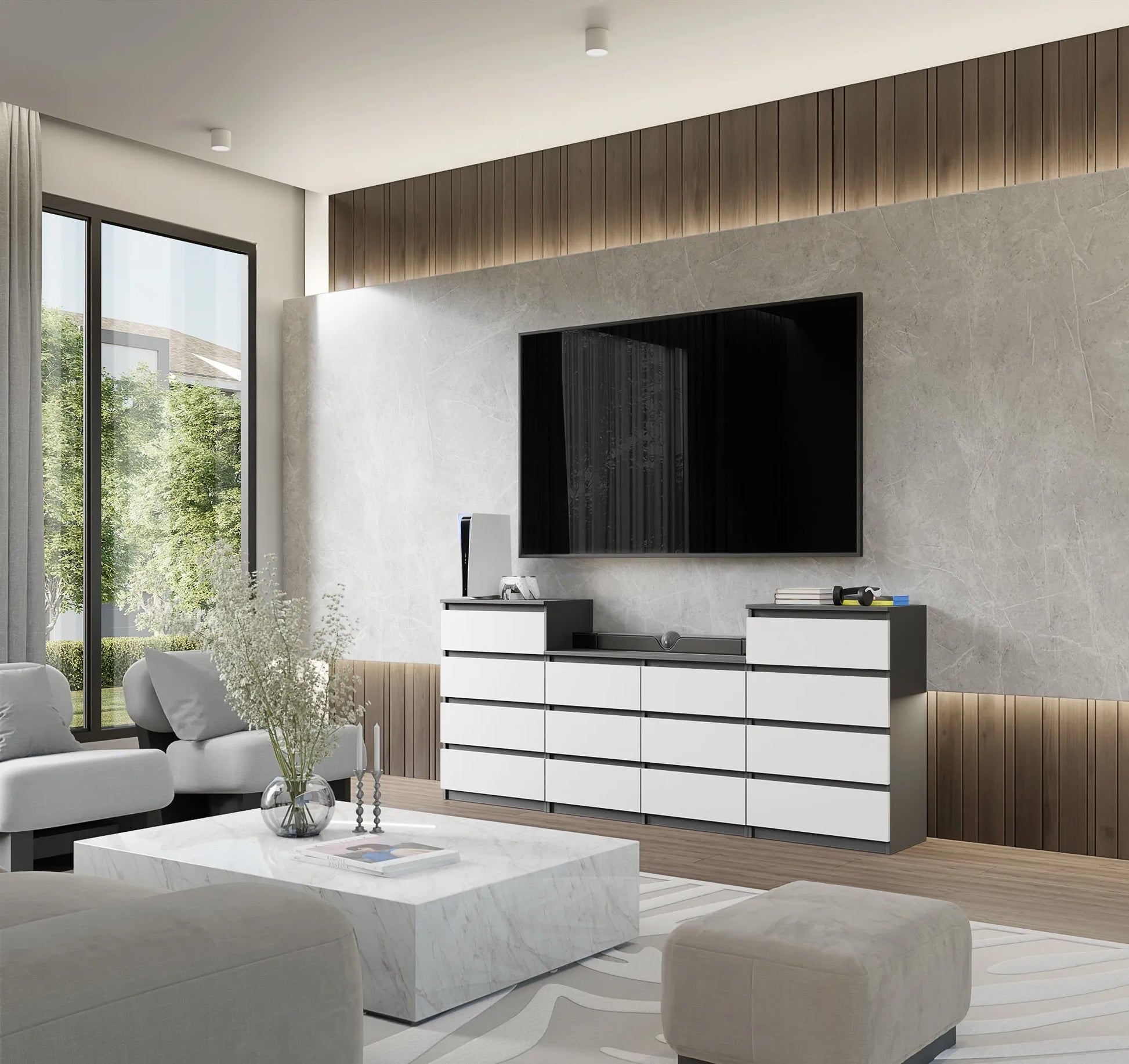 GABRIEL - Kommode / Sideboard mit 14 Schubladen (4+6+4) - Anthrazit / Weiß Matt H92/70cm B220cm T33cm – Furnica