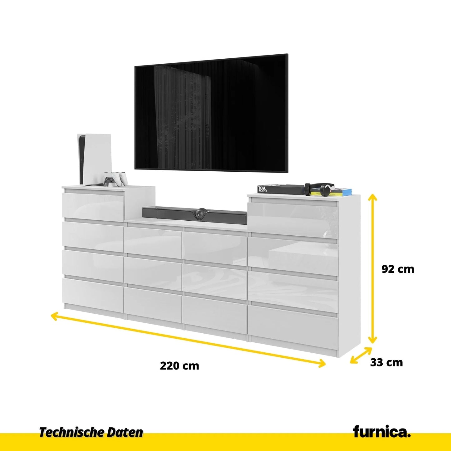 GABRIEL - Kommode / Sideboard mit 14 Schubladen (4+6+4) - Weiß Gloss H92/70cm B220cm T33cm – Furnica
