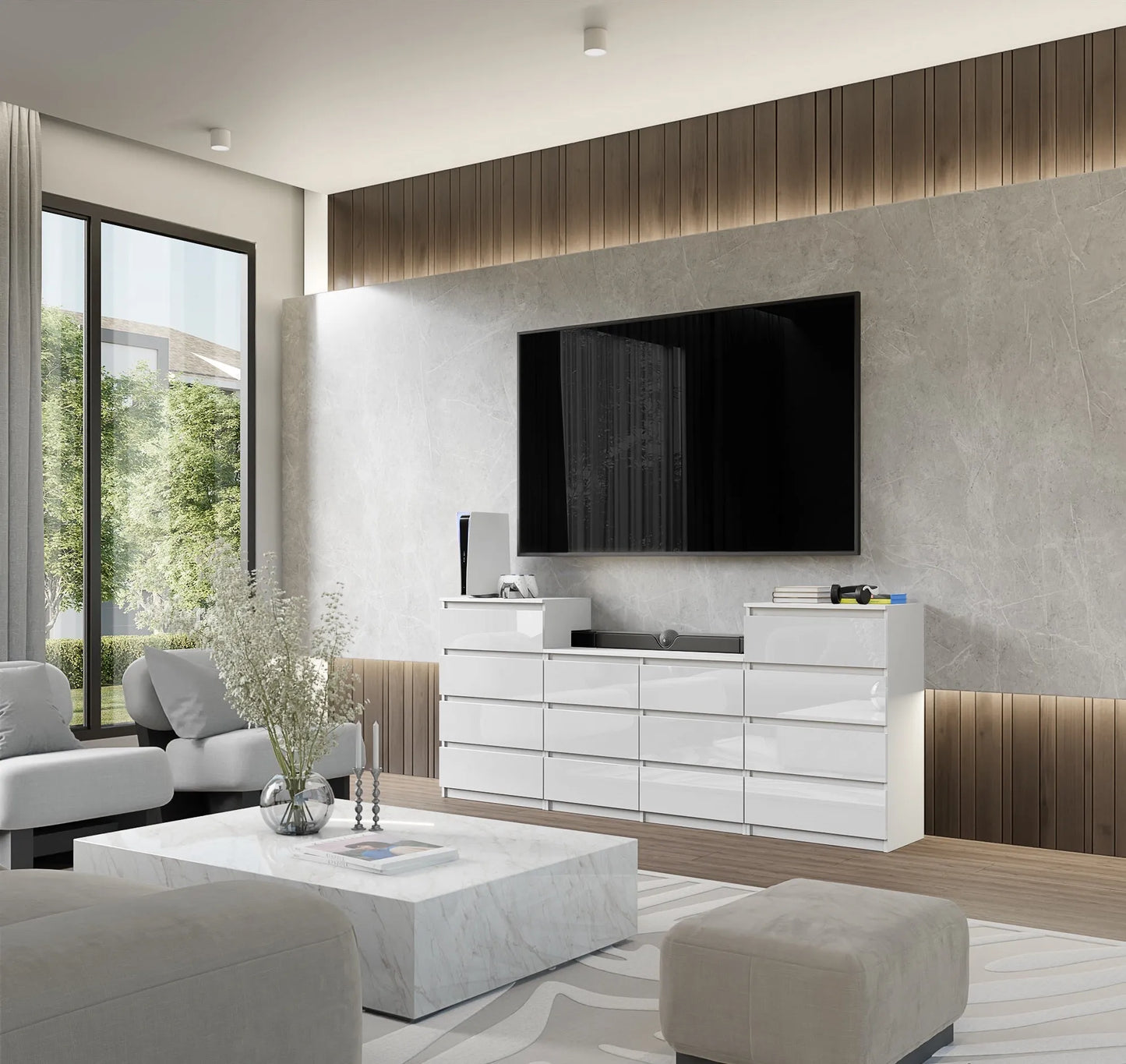 GABRIEL - Kommode / Sideboard mit 14 Schubladen (4+6+4) - Weiß Gloss H92/70cm B220cm T33cm – Furnica