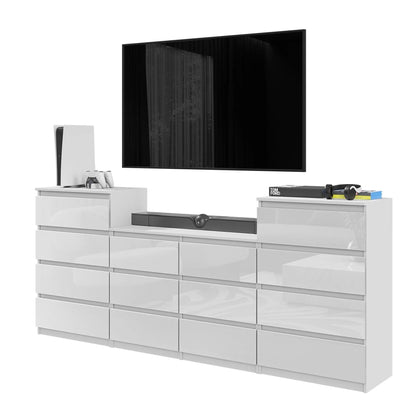 GABRIEL - Kommode / Sideboard mit 14 Schubladen (4+6+4) - Weiß Gloss H92/70cm B220cm T33cm – Furnica