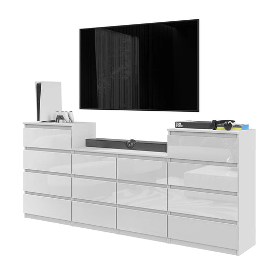 GABRIEL - Kommode / Sideboard mit 14 Schubladen (4+6+4) - Weiß Gloss H92/70cm B220cm T33cm – Furnica