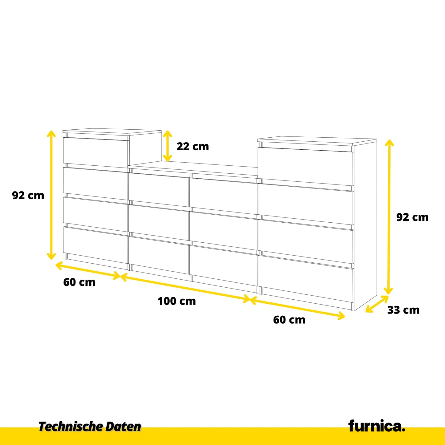 GABRIEL - Kommode / Sideboard mit 14 Schubladen (4+6+4) - Weiß Matt / Anthrazit H92/70cm B220cm T33cm – Furnica
