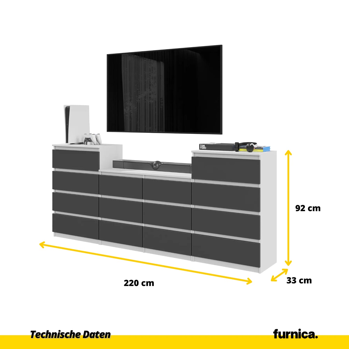 GABRIEL - Kommode / Sideboard mit 14 Schubladen (4+6+4) - Weiß Matt / Anthrazit H92/70cm B220cm T33cm – Furnica
