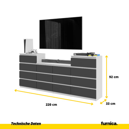 GABRIEL - Kommode / Sideboard mit 14 Schubladen (4+6+4) - Weiß Matt / Anthrazit H92/70cm B220cm T33cm – Furnica