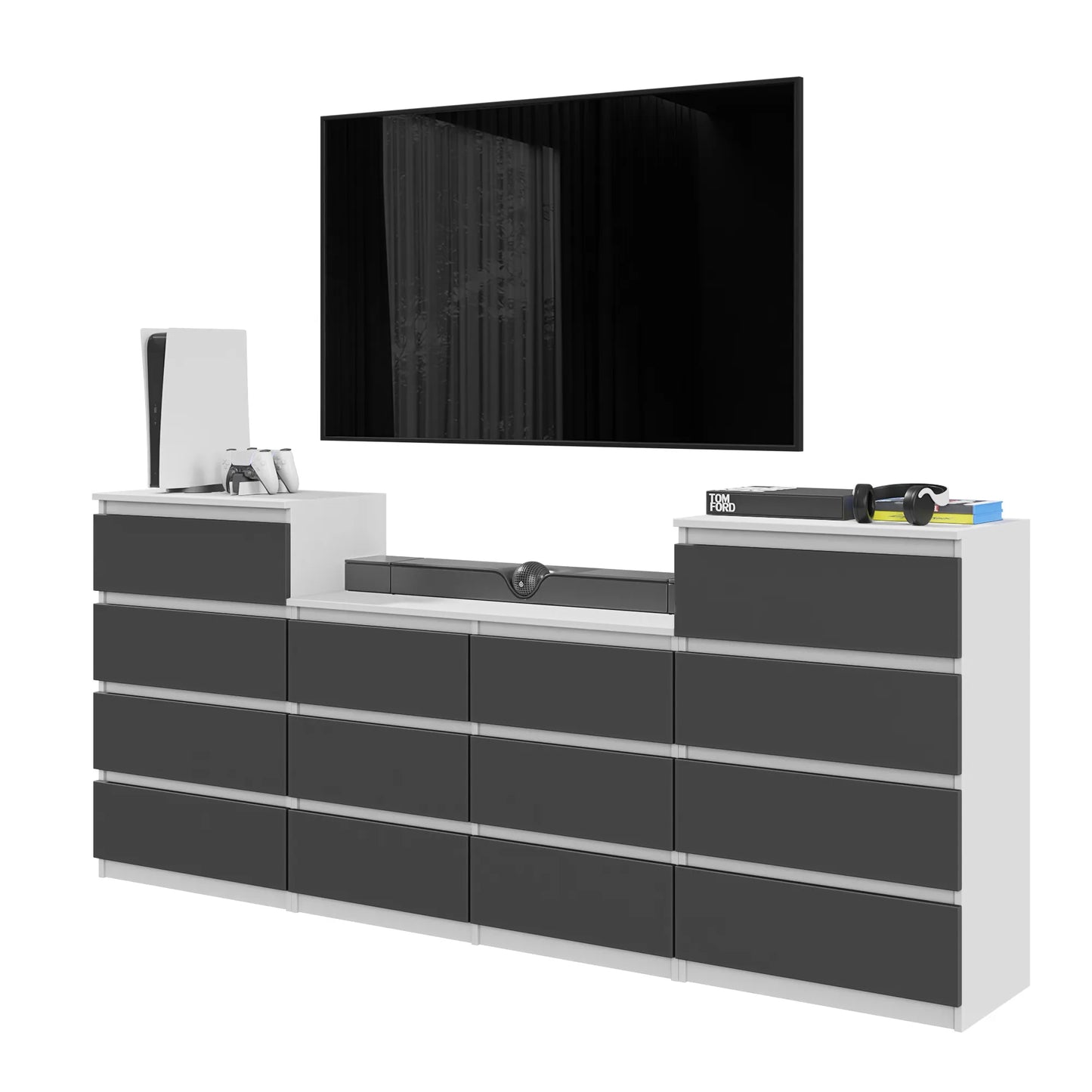 GABRIEL - Kommode / Sideboard mit 14 Schubladen (4+6+4) - Weiß Matt / Anthrazit H92/70cm B220cm T33cm – Furnica