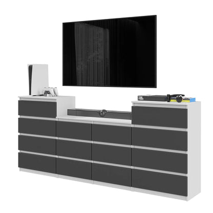 GABRIEL - Kommode / Sideboard mit 14 Schubladen (4+6+4) - Weiß Matt / Anthrazit H92/70cm B220cm T33cm – Furnica