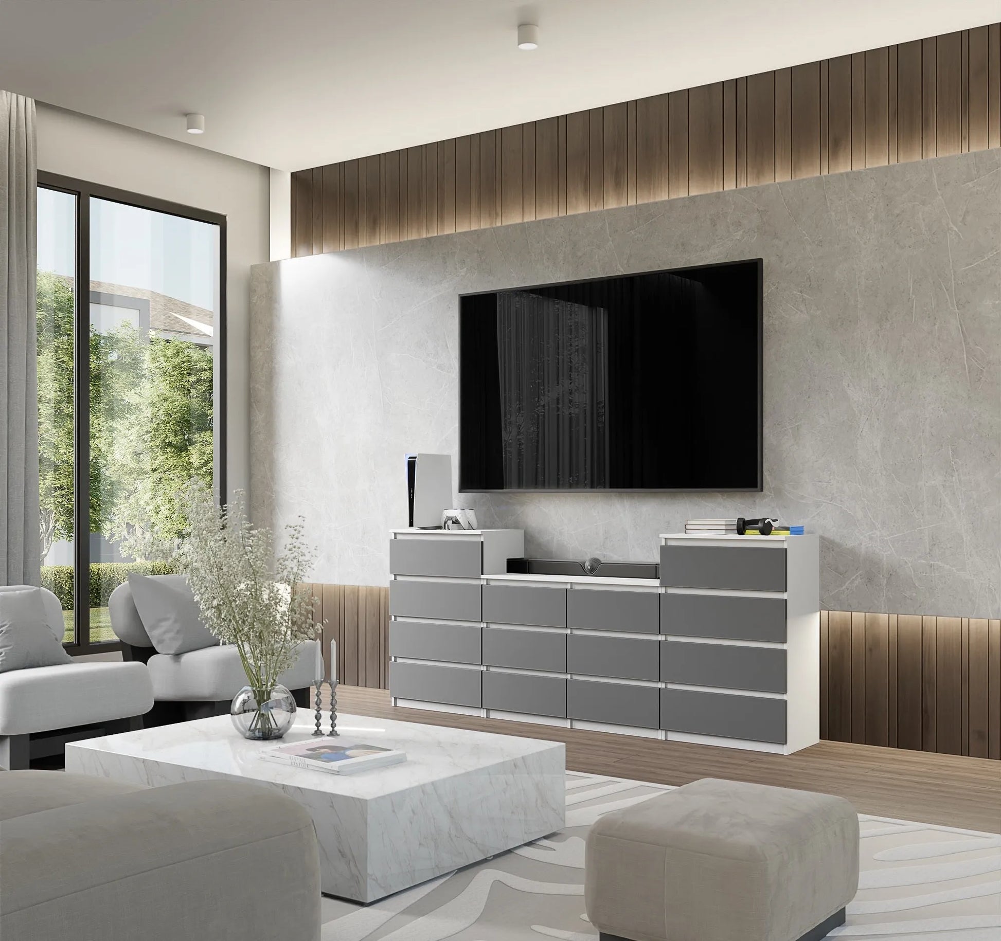GABRIEL - Kommode / Sideboard mit 14 Schubladen (4+6+4) - Weiß Matt / Anthrazit H92/70cm B220cm T33cm – Furnica