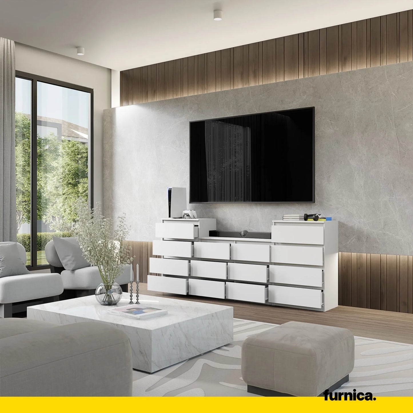 GABRIEL - Kommode / Sideboard mit 14 Schubladen (4+6+4) - Weiß Matt H92/70cm B220cm T33cm – Furnica