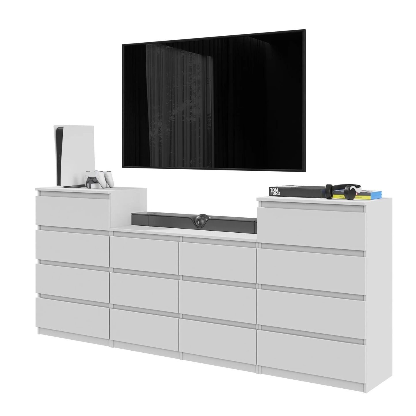 GABRIEL - Kommode / Sideboard mit 14 Schubladen (4+6+4) - Weiß Matt H92/70cm B220cm T33cm – Furnica