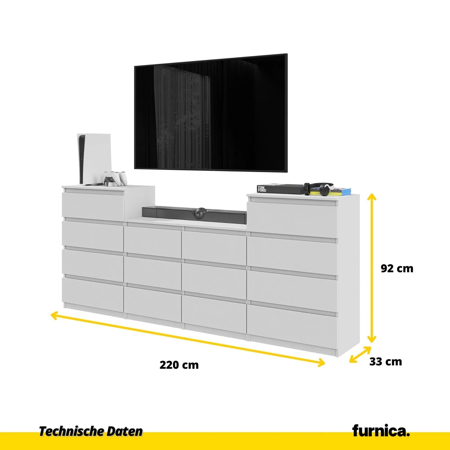 GABRIEL - Kommode / Sideboard mit 14 Schubladen (4+6+4) - Weiß Matt H92/70cm B220cm T33cm – Furnica