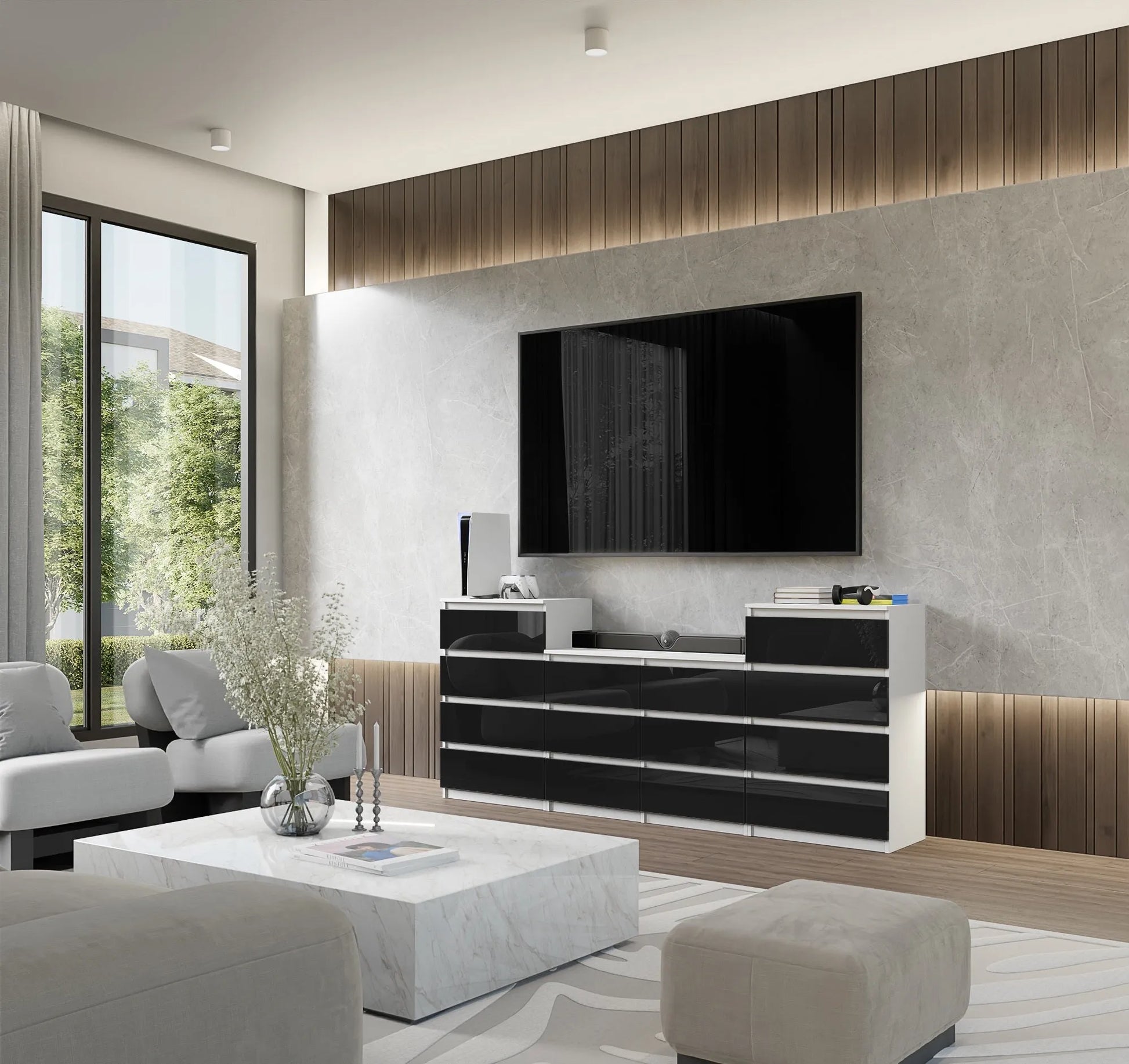 GABRIEL - Kommode / Sideboard mit 14 Schubladen (4+6+4) -  Weiß Matt / Schwarz Gloss H92/70cm B220cm T33cm – Furnica