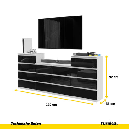 GABRIEL - Kommode / Sideboard mit 14 Schubladen (4+6+4) -  Weiß Matt / Schwarz Gloss H92/70cm B220cm T33cm – Furnica