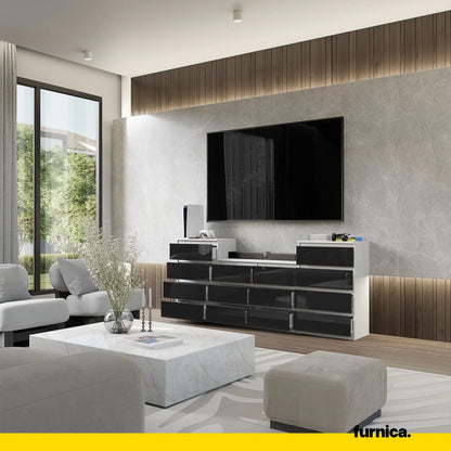 GABRIEL - Kommode / Sideboard mit 14 Schubladen (4+6+4) -  Weiß Matt / Schwarz Gloss H92/70cm B220cm T33cm – Furnica