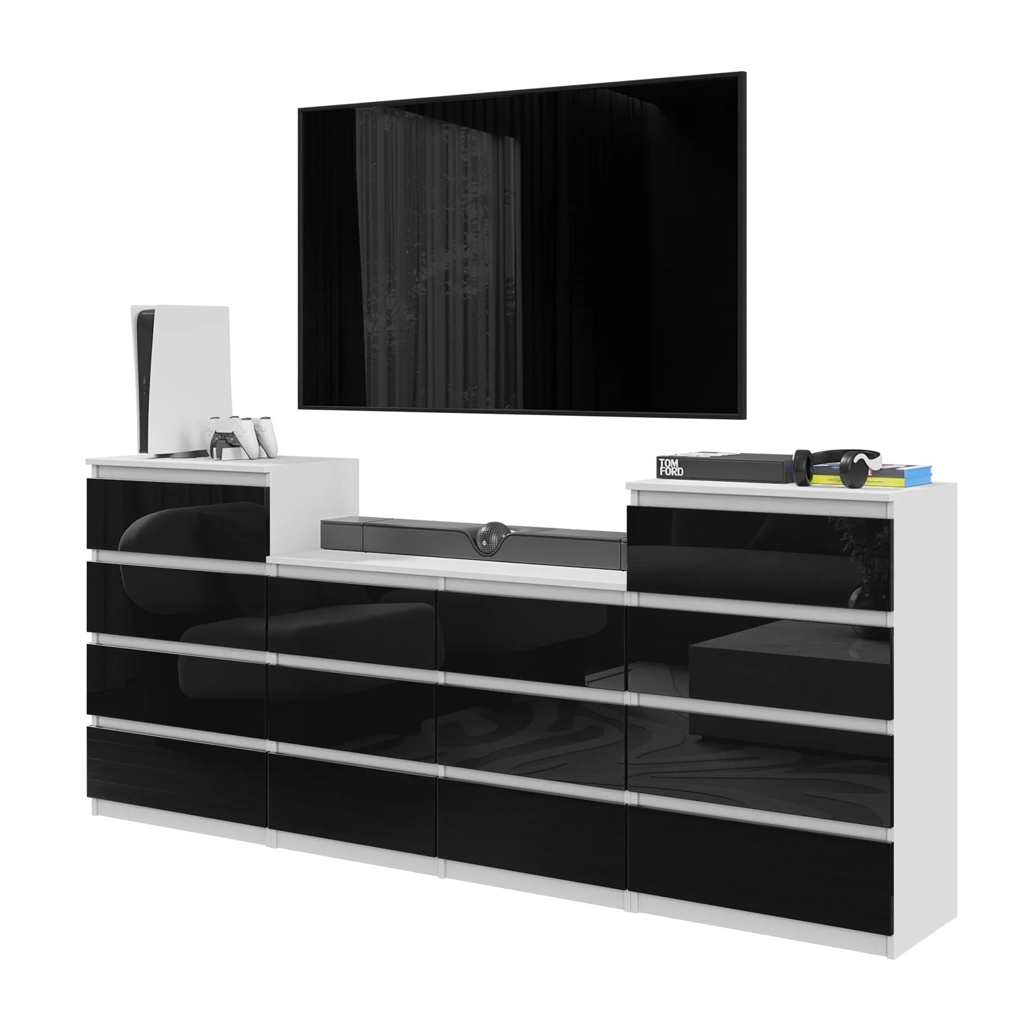 GABRIEL - Kommode / Sideboard mit 14 Schubladen (4+6+4) -  Weiß Matt / Schwarz Gloss H92/70cm B220cm T33cm – Furnica