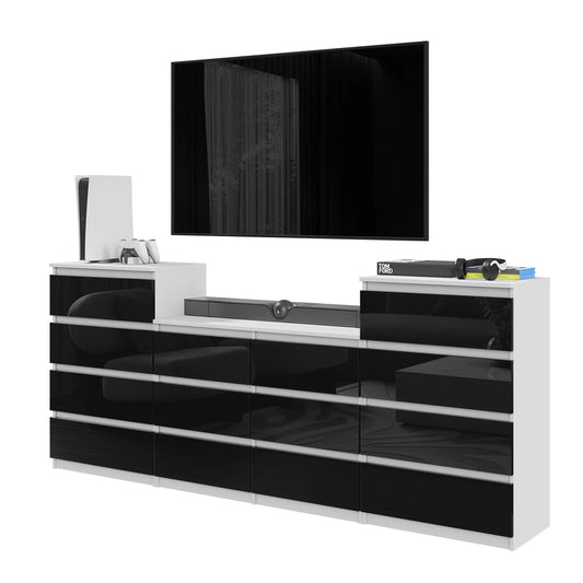 GABRIEL - Kommode / Sideboard mit 14 Schubladen (4+6+4) -  Weiß Matt / Schwarz Gloss H92/70cm B220cm T33cm – Furnica