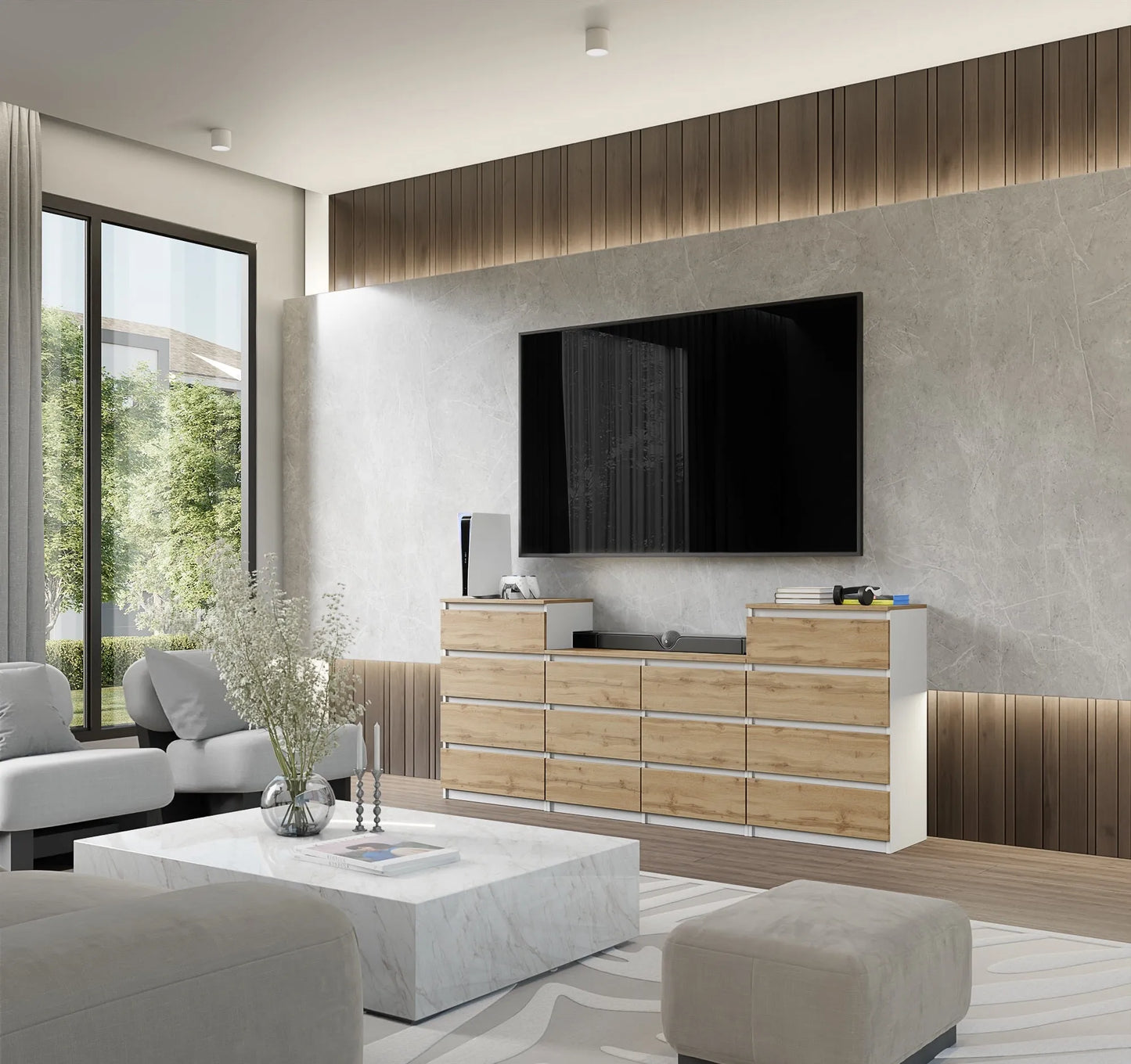 GABRIEL - Kommode / Sideboard mit 14 Schubladen (4+6+4) - Weiß Matt / Wotan Eiche H92/70cm B220cm T33cm – Furnica