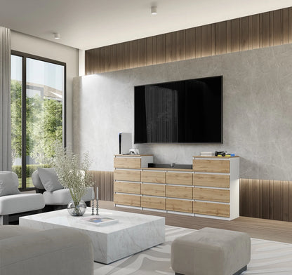 GABRIEL - Kommode / Sideboard mit 14 Schubladen (4+6+4) - Weiß Matt / Wotan Eiche H92/70cm B220cm T33cm – Furnica