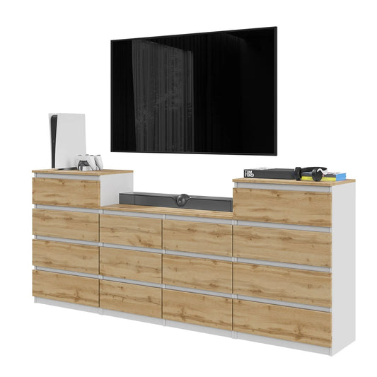 GABRIEL - Kommode / Sideboard mit 14 Schubladen (4+6+4) - Weiß Matt / Wotan Eiche H92/70cm B220cm T33cm – Furnica