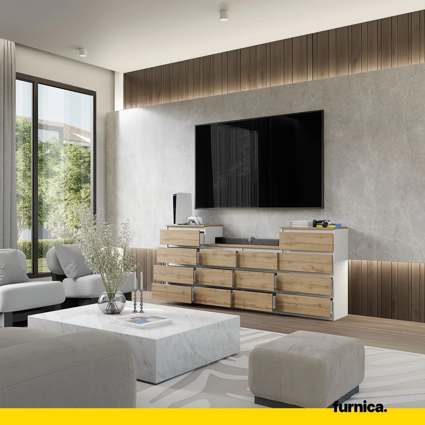 GABRIEL - Kommode / Sideboard mit 14 Schubladen (4+6+4) - Weiß Matt / Wotan Eiche H92/70cm B220cm T33cm – Furnica
