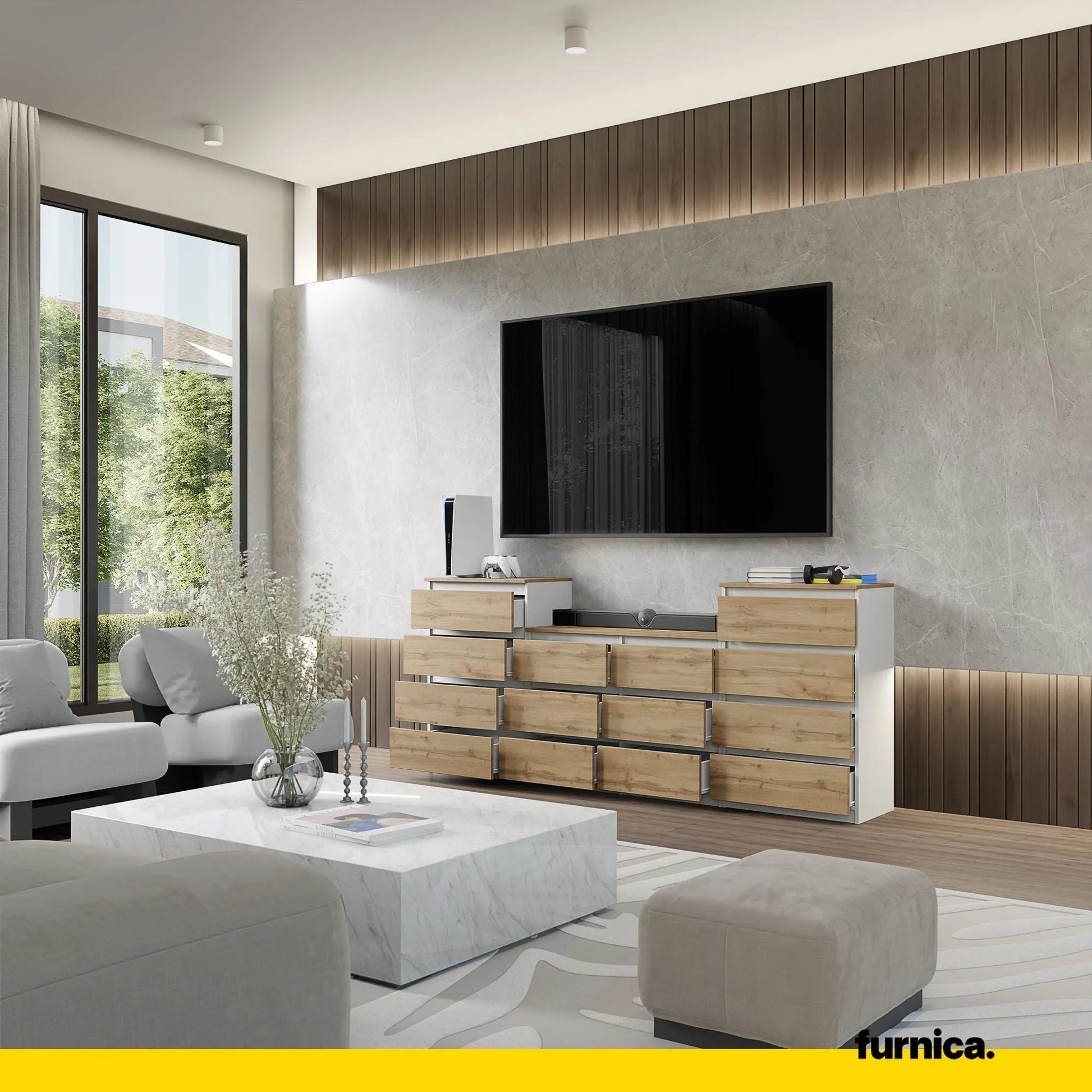 GABRIEL - Kommode / Sideboard mit 14 Schubladen (4+6+4) - Weiß Matt / Wotan Eiche H92/70cm B220cm T33cm – Furnica