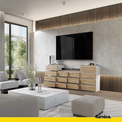GABRIEL - Kommode / Sideboard mit 14 Schubladen (4+6+4) - Weiß Matt / Wotan Eiche H92/70cm B220cm T33cm – Furnica