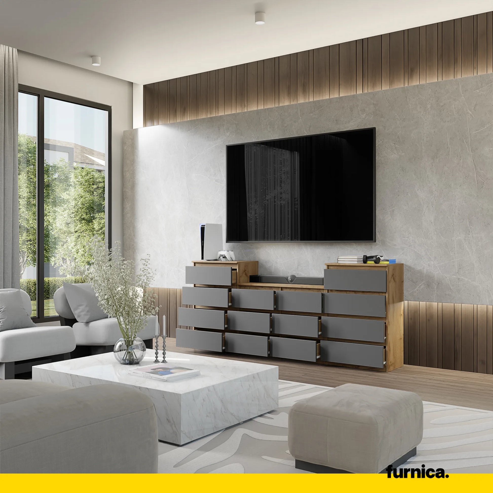 GABRIEL - Kommode / Sideboard mit 14 Schubladen (4+6+4) - Wotan Eiche / Anthrazit H92/70cm B220cm T33cm – Furnica