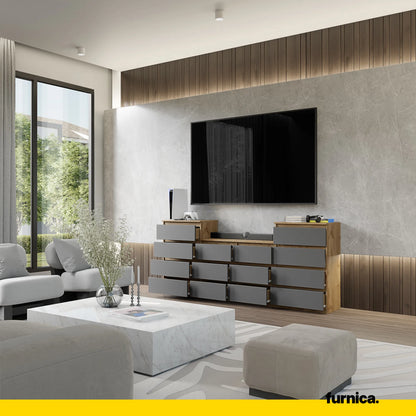 GABRIEL - Kommode / Sideboard mit 14 Schubladen (4+6+4) - Wotan Eiche / Anthrazit H92/70cm B220cm T33cm – Furnica