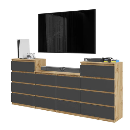 GABRIEL - Kommode / Sideboard mit 14 Schubladen (4+6+4) - Wotan Eiche / Anthrazit H92/70cm B220cm T33cm – Furnica