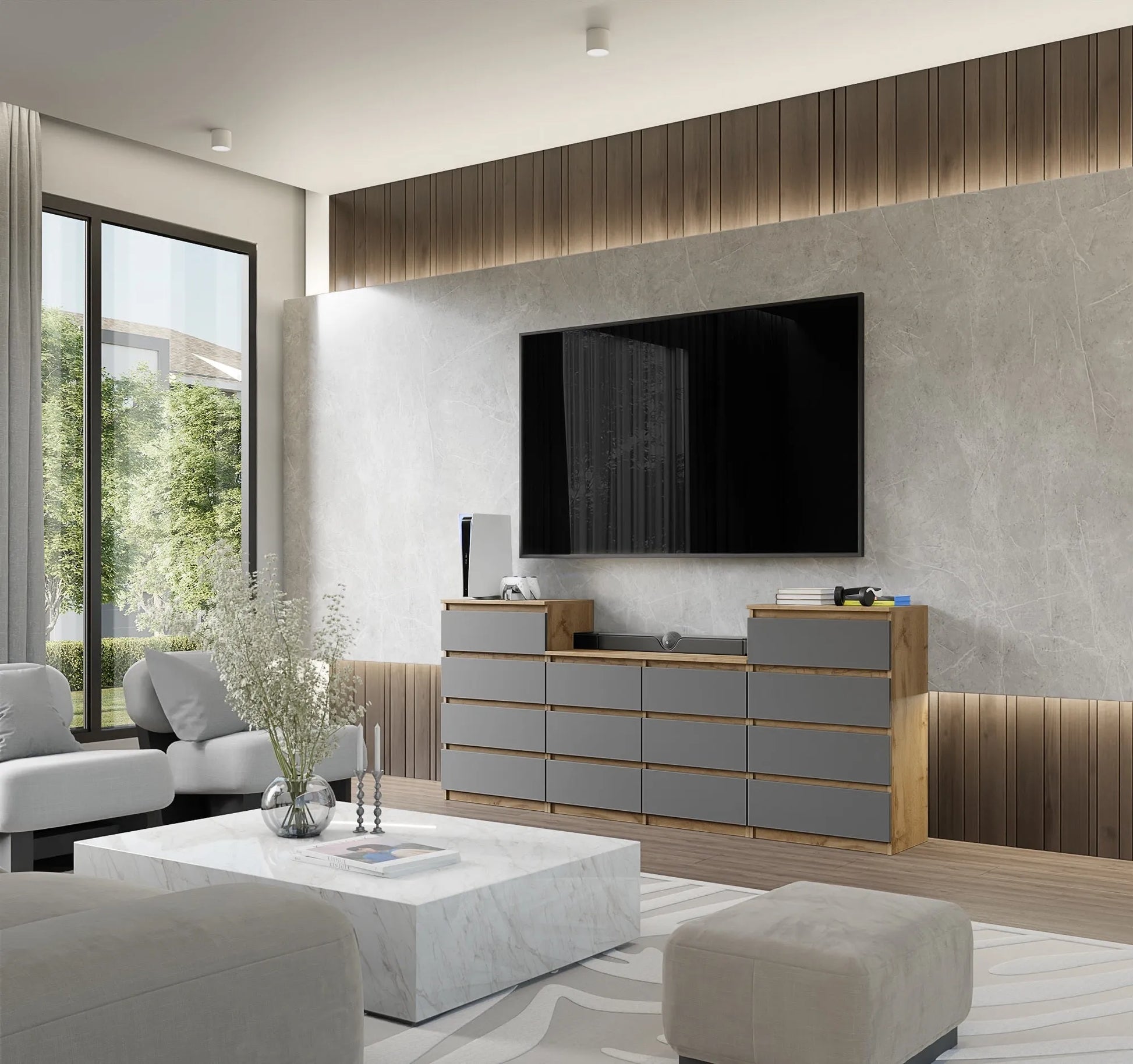 GABRIEL - Kommode / Sideboard mit 14 Schubladen (4+6+4) - Wotan Eiche / Anthrazit H92/70cm B220cm T33cm – Furnica