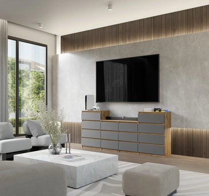 GABRIEL - Kommode / Sideboard mit 14 Schubladen (4+6+4) - Wotan Eiche / Anthrazit H92/70cm B220cm T33cm – Furnica
