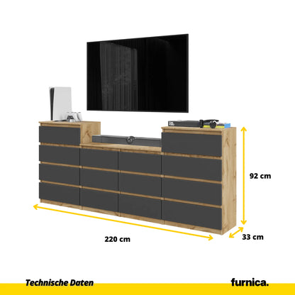 GABRIEL - Kommode / Sideboard mit 14 Schubladen (4+6+4) - Wotan Eiche / Anthrazit H92/70cm B220cm T33cm – Furnica