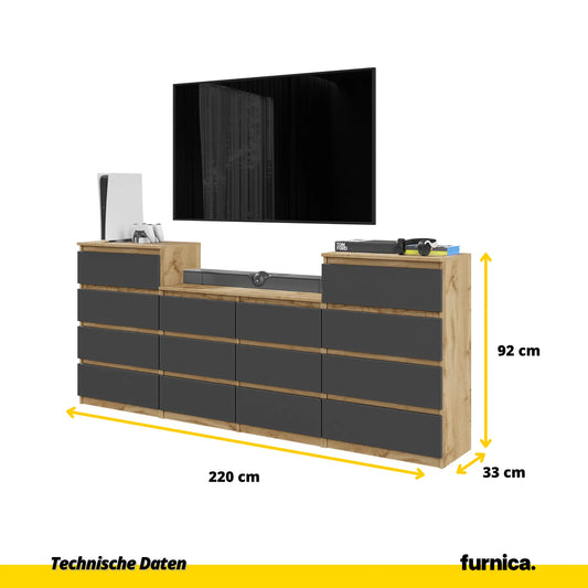 GABRIEL - Kommode / Sideboard mit 14 Schubladen (4+6+4) - Wotan Eiche / Anthrazit H92/70cm B220cm T33cm – Furnica