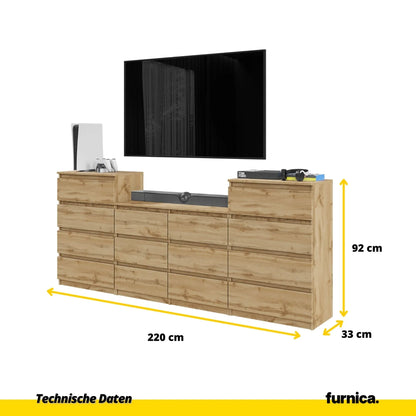 GABRIEL - Kommode / Sideboard mit 14 Schubladen (4+6+4) - Wotan Eiche H92/70cm B220cm T33cm – Furnica